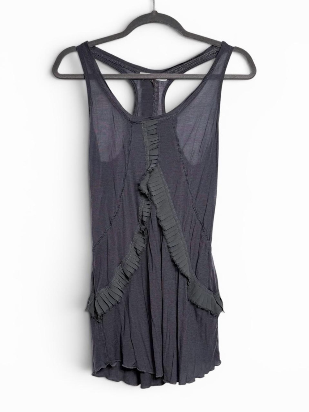 Avant Garde Style Mono Reno Grey Ruffle Front Racerback Tank Top - Picture 6 of 6